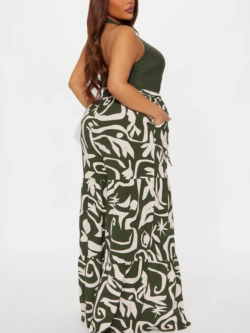 Fashion Nova Olive & Cream Abstract Wide Leg Tie-Waist Pants - Picture 3 of 3